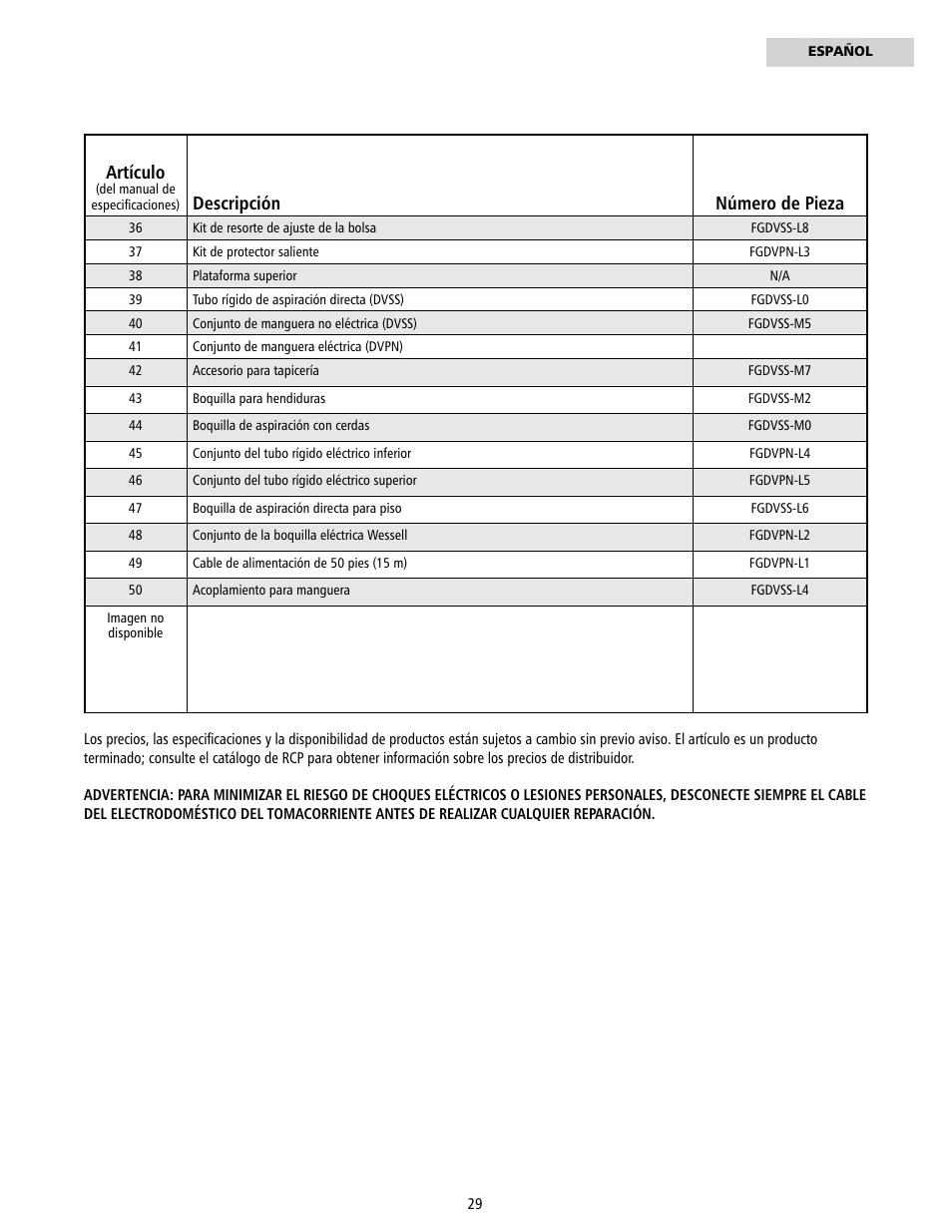 Artículo, Descripción número de pieza | Rubbermaid 9VDVRC44 User Manual | Page 29 / 44