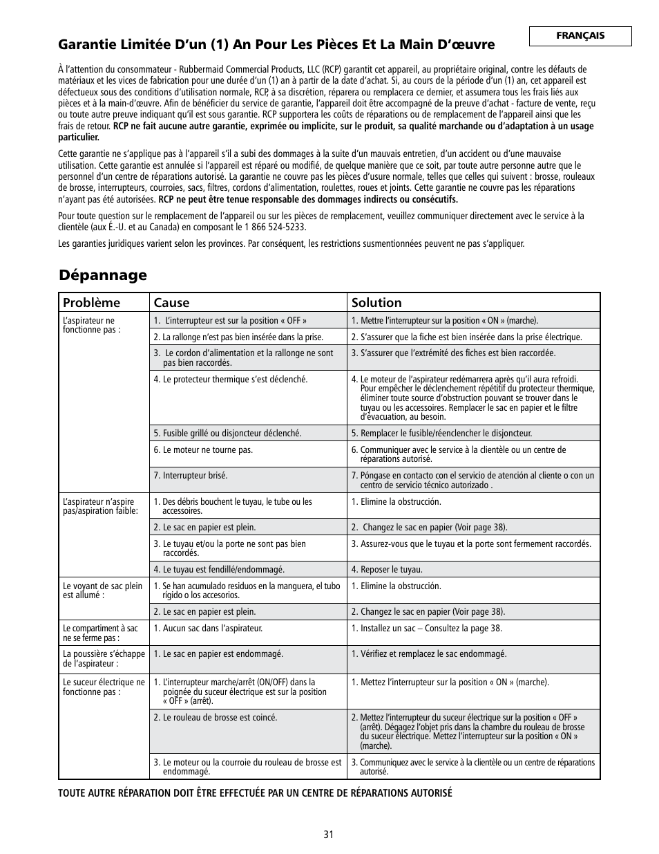 Dépannage, Problème cause solution | Rubbermaid 9VDVRC44 User Manual | Page 31 / 44