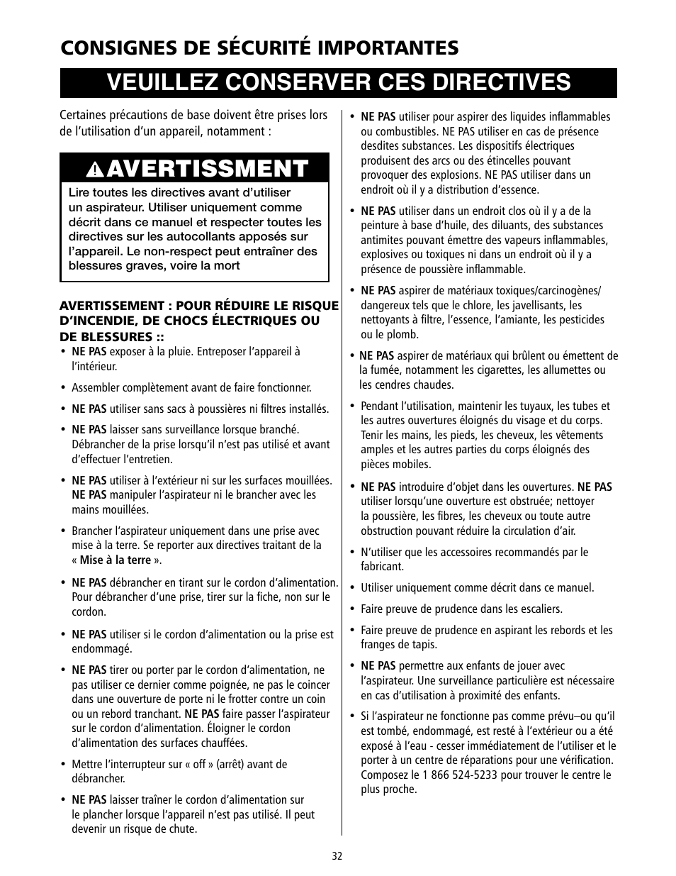 Veuillez conserver ces directives, Avertissment, Consignes de sécurité importantes | Rubbermaid 9VDVRC44 User Manual | Page 32 / 44