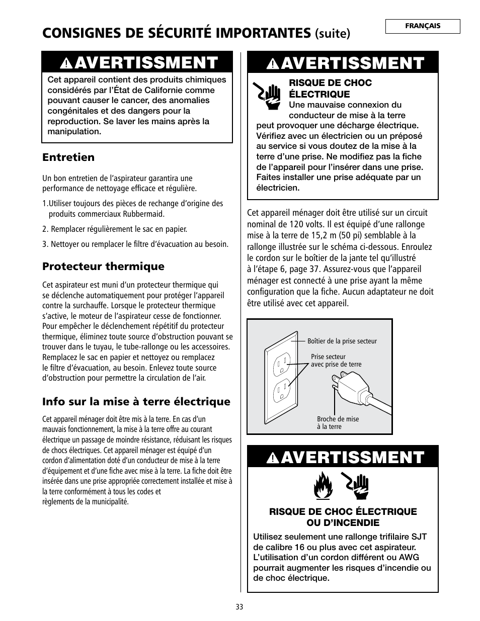 Avertissment, Consignes de sécurité importantes, Suite) | Rubbermaid 9VDVRC44 User Manual | Page 33 / 44