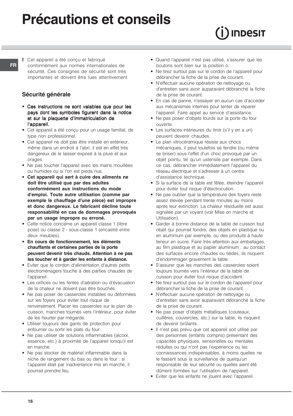 Précautions et conseils, Sécurité générale | Indesit KN6I66X User Manual | Page 16 / 60
