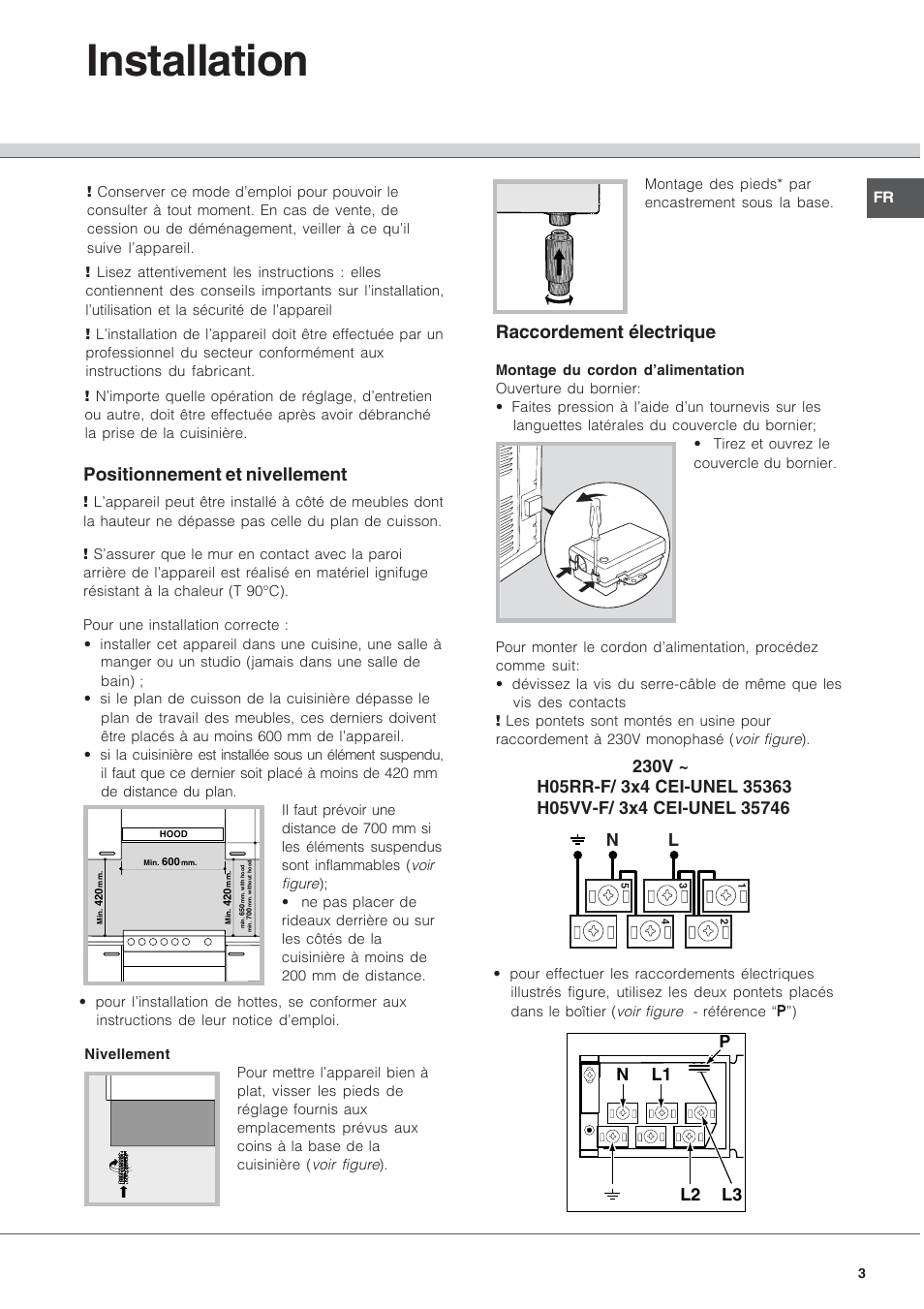 Installation, Positionnement et nivellement, Raccordement électrique | Nl 230v | Indesit KN6I66X User Manual | Page 3 / 60