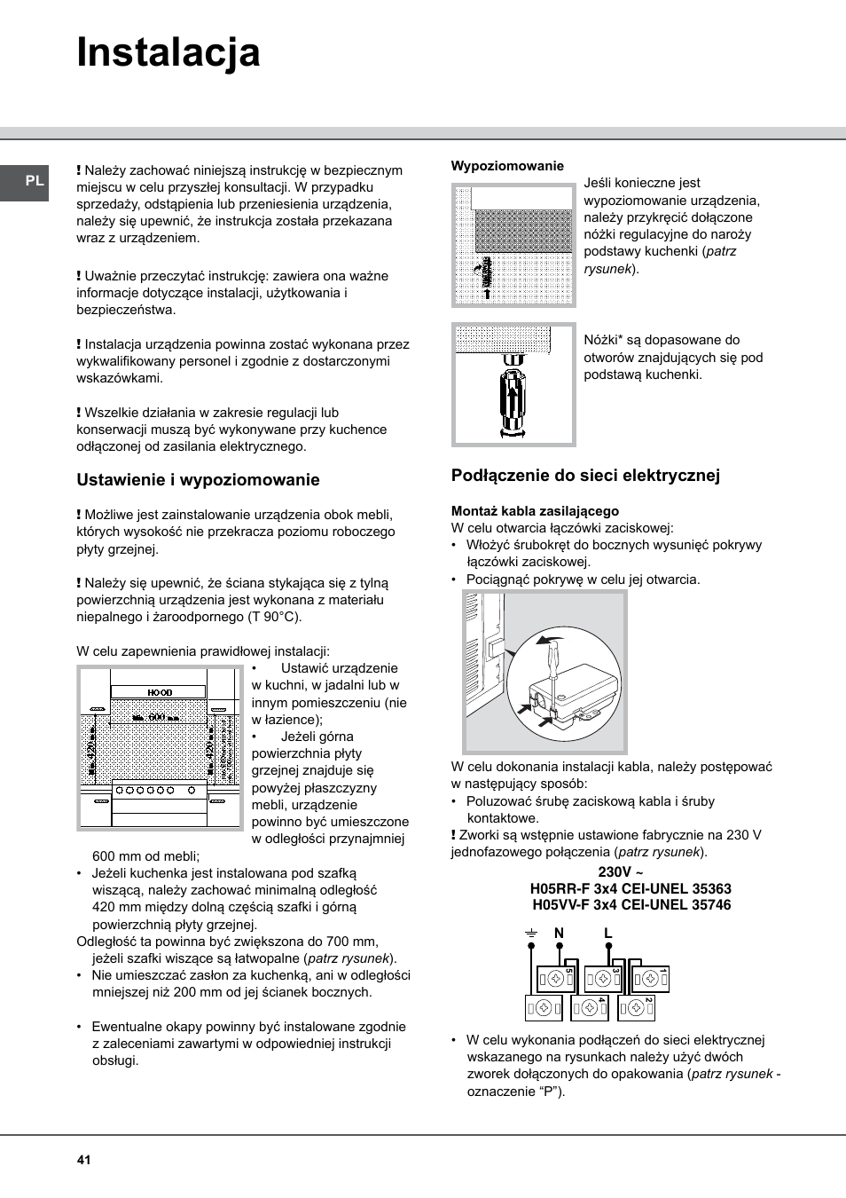 Instalacja, Ustawienie i wypoziomowanie, Podłączenie do sieci elektrycznej | Indesit KN6I66X User Manual | Page 41 / 60