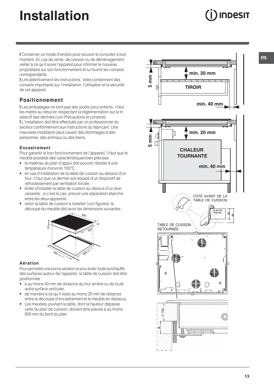 Installation, Positionnement | Indesit VIA 640 C User Manual | Page 13 / 56
