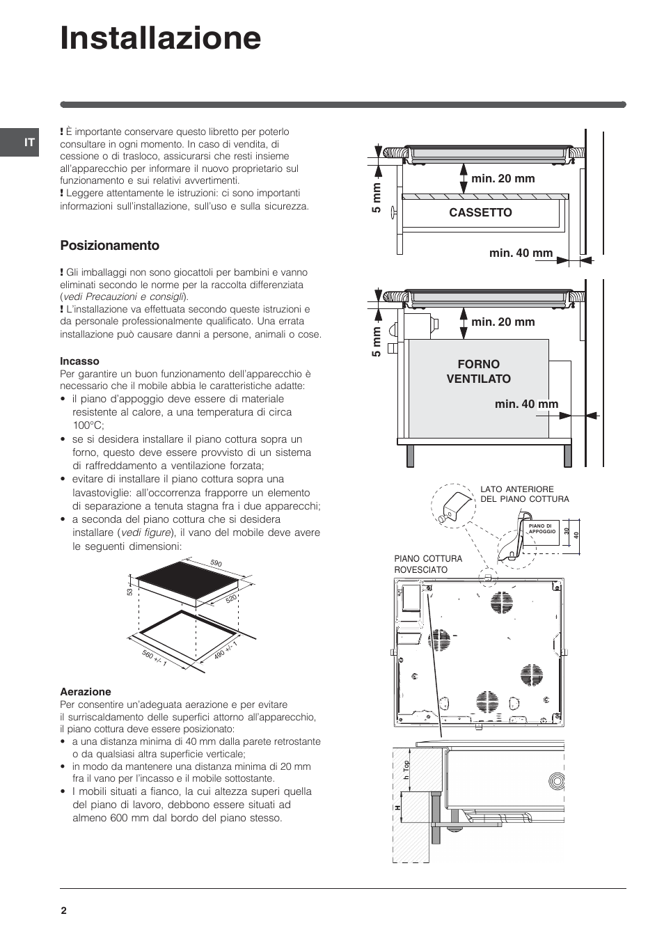 Installazione, Posizionamento | Indesit VIA 640 C User Manual | Page 2 / 56