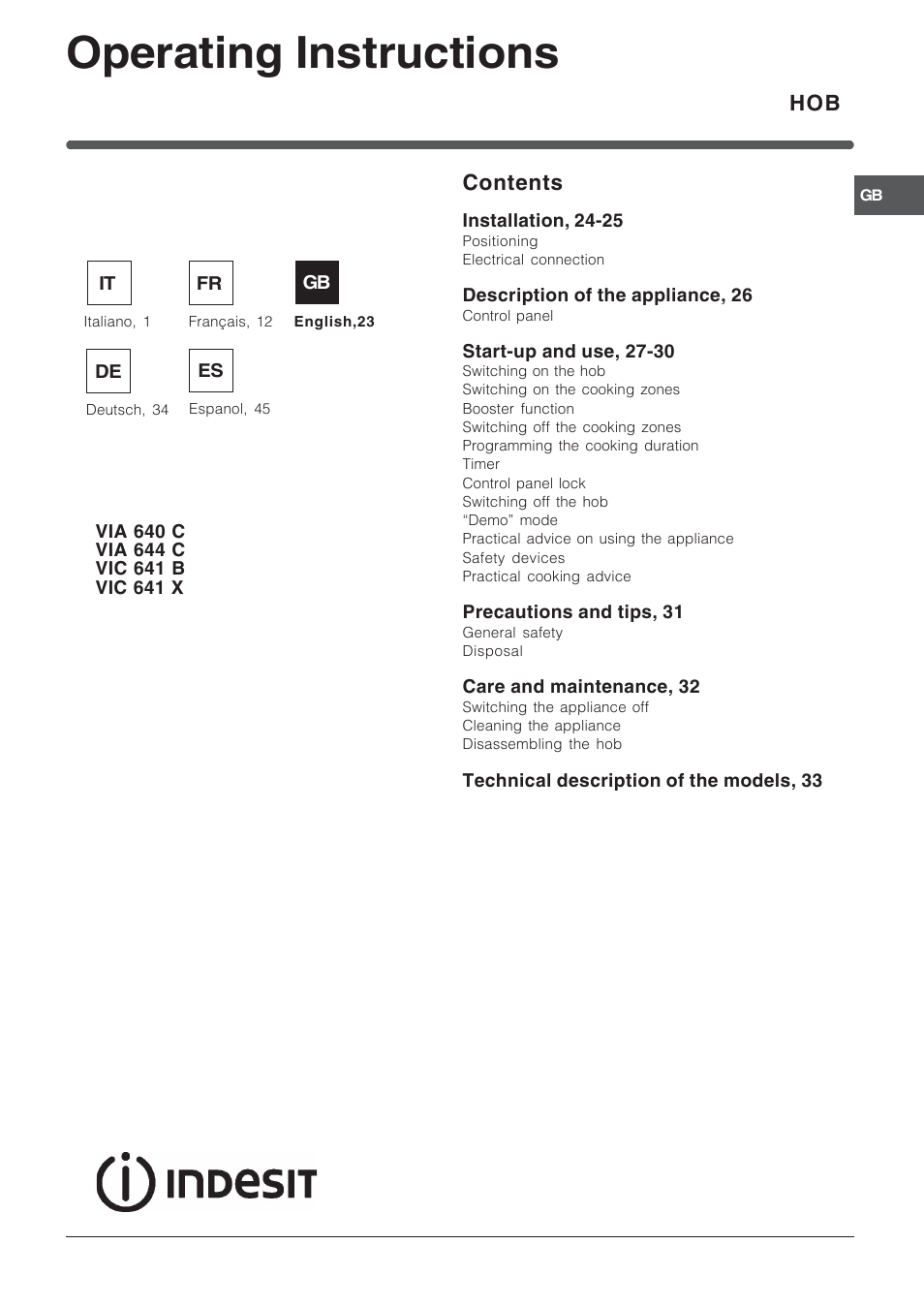 Operating instructions | Indesit VIA 640 C User Manual | Page 23 / 56