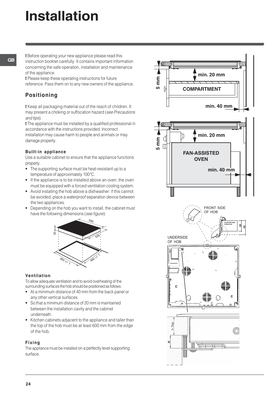 Installation, Positioning | Indesit VIA 640 C User Manual | Page 24 / 56