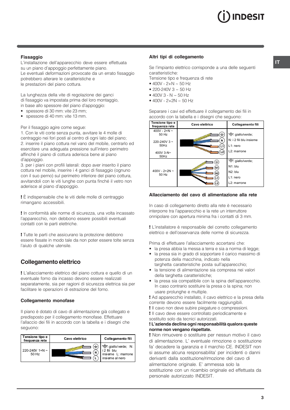 Collegamento elettrico | Indesit VIA 640 C User Manual | Page 3 / 56