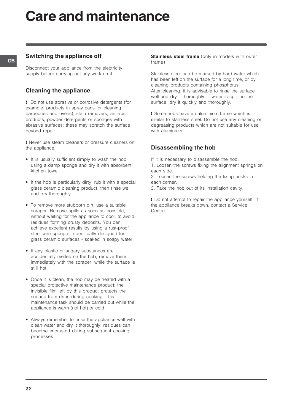 Care and maintenance | Indesit VIA 640 C User Manual | Page 32 / 56