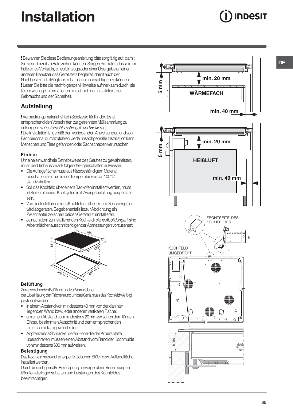 Installation, Aufstellung | Indesit VIA 640 C User Manual | Page 35 / 56