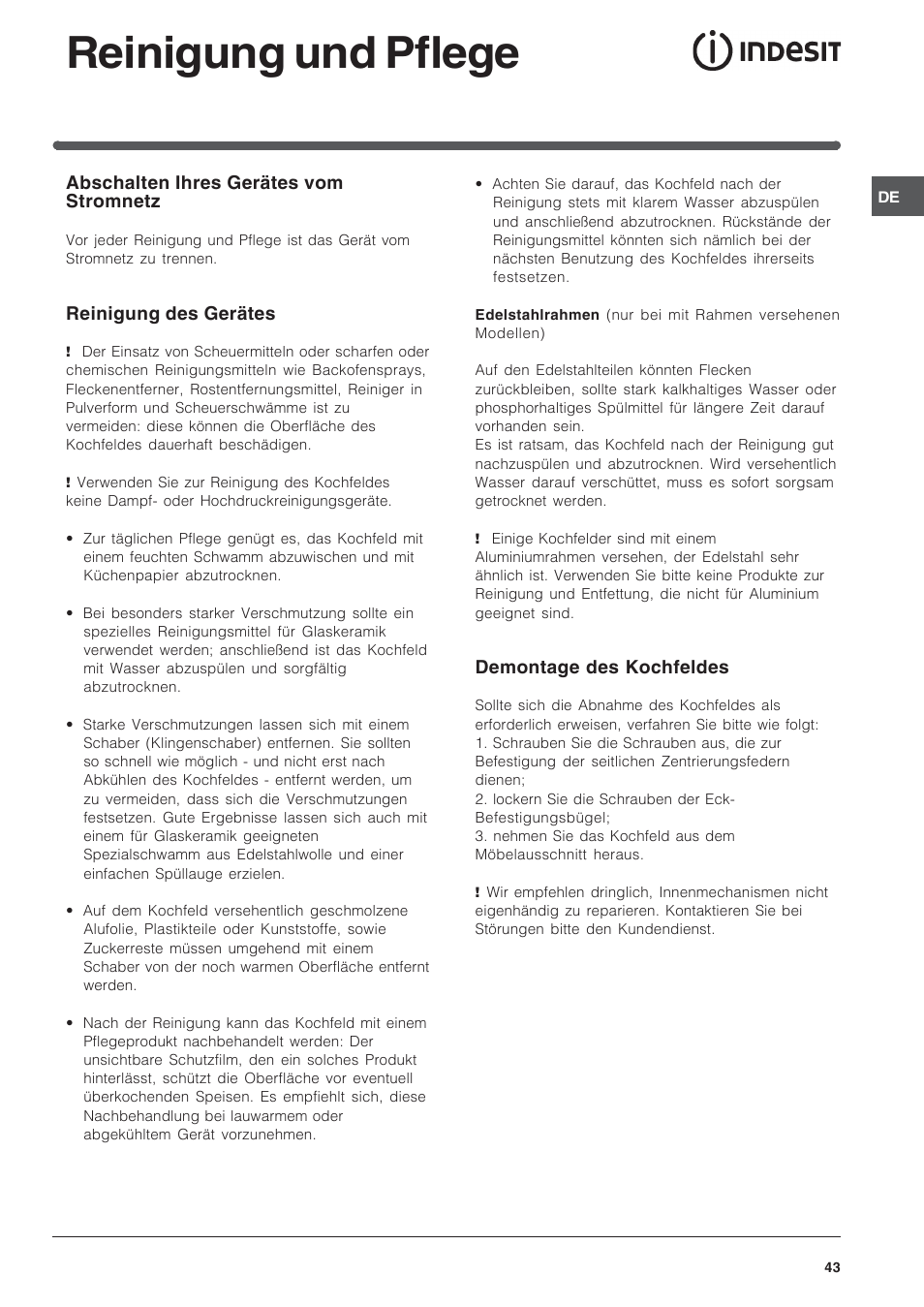 Reinigung und pflege | Indesit VIA 640 C User Manual | Page 43 / 56