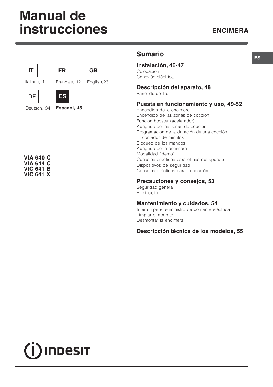 Manual de instrucciones | Indesit VIA 640 C User Manual | Page 45 / 56
