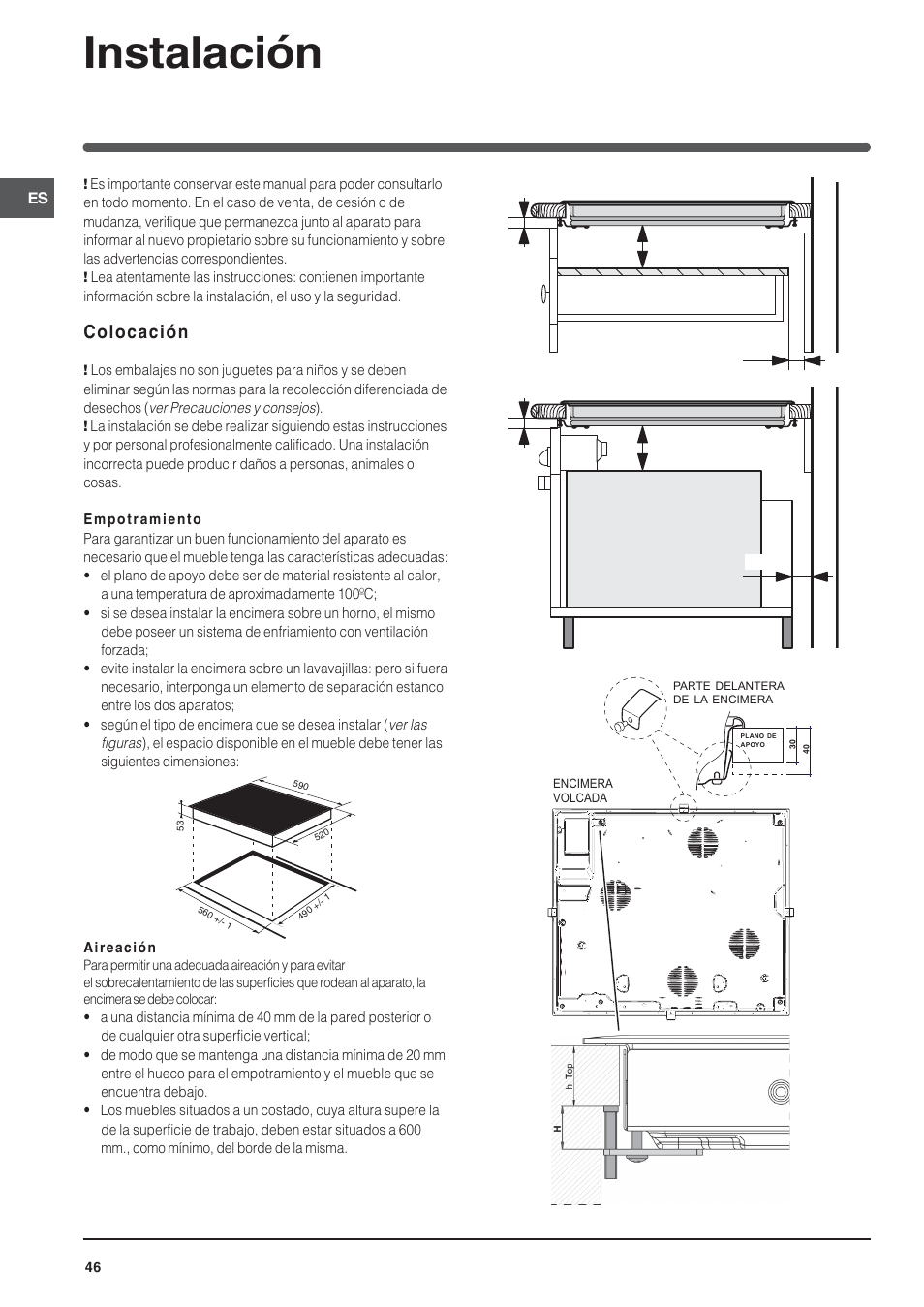 Instalación, Colocación | Indesit VIA 640 C User Manual | Page 46 / 56