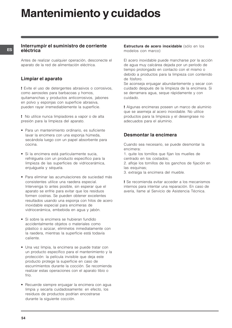 Mantenimiento y cuidados | Indesit VIA 640 C User Manual | Page 54 / 56