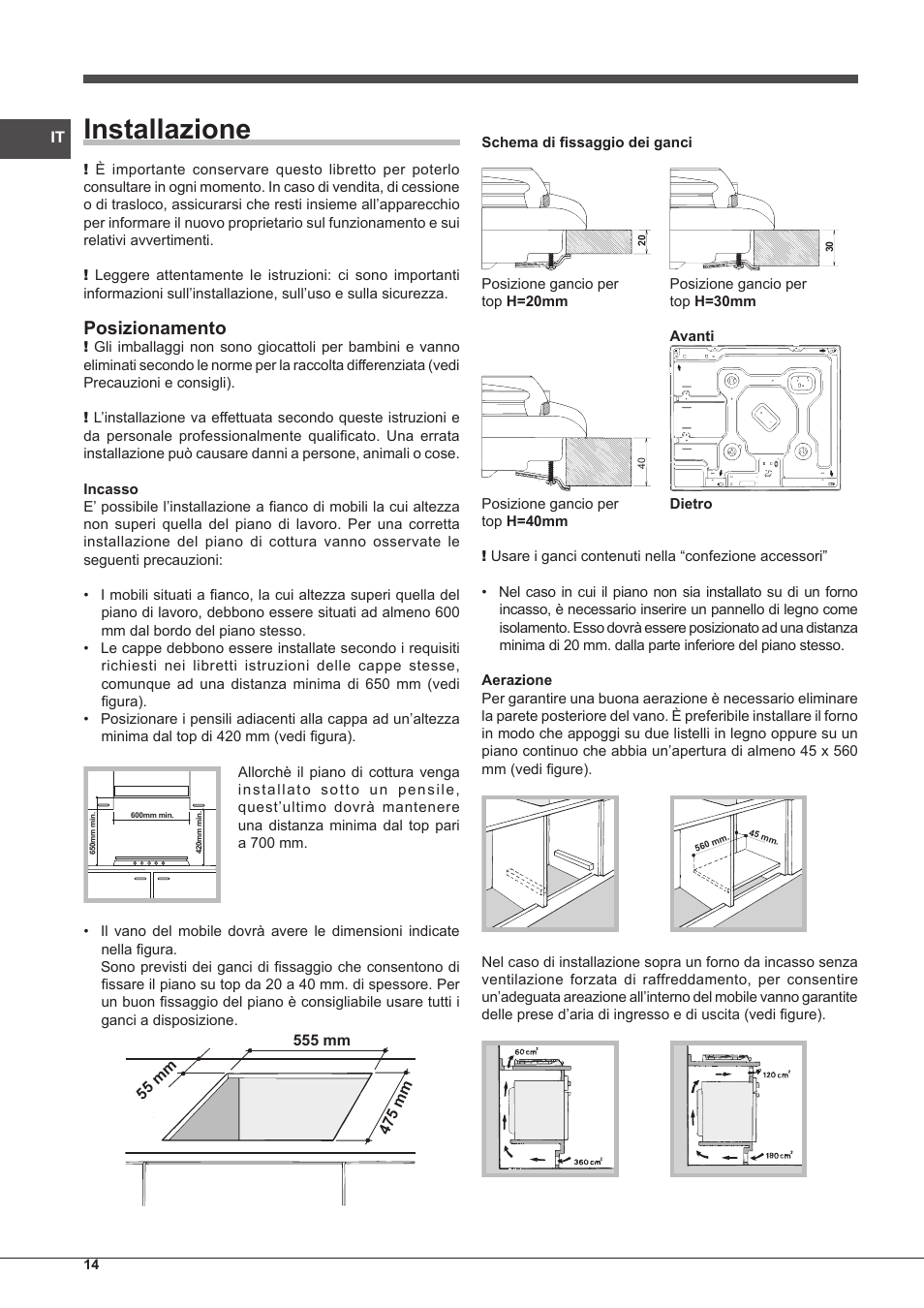 Installazione, Posizionamento | Indesit PIM 604 User Manual | Page 14 / 48