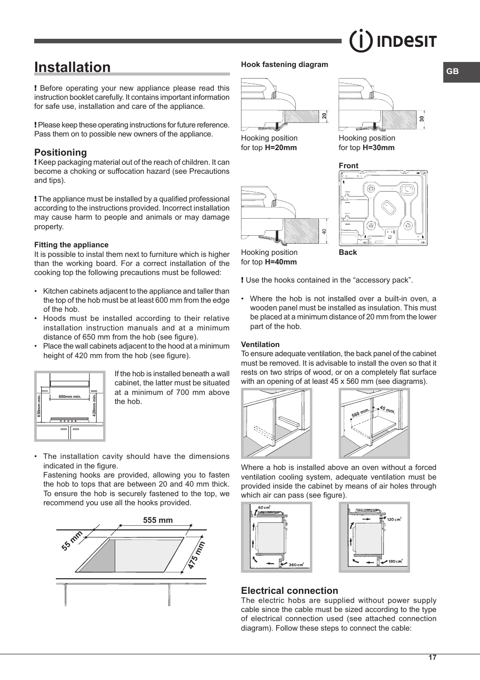 Installation, Positioning, Electrical connection | Indesit PIM 604 User Manual | Page 17 / 48