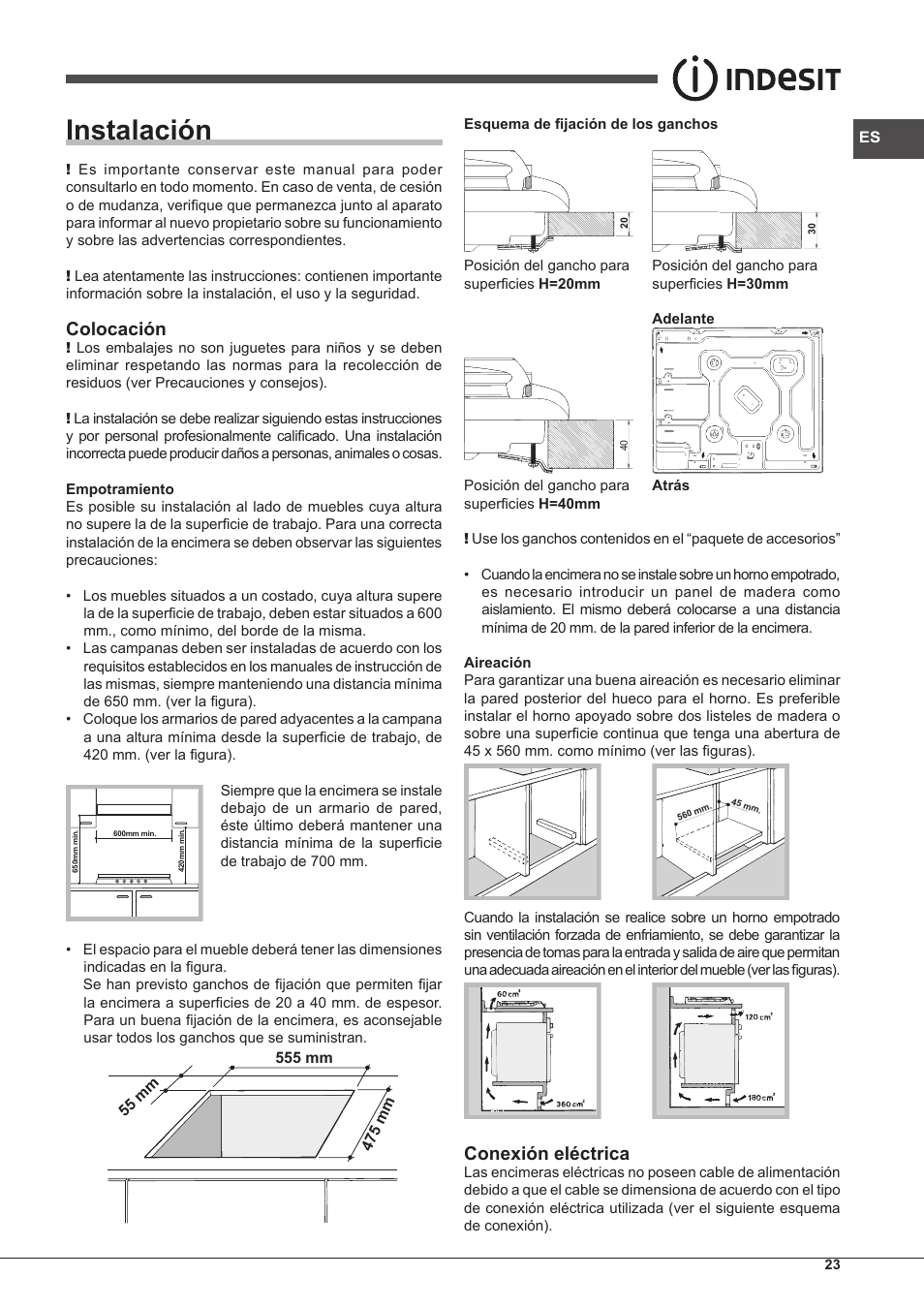 Instalación, Colocación, Conexión eléctrica | Indesit PIM 604 User Manual | Page 23 / 48