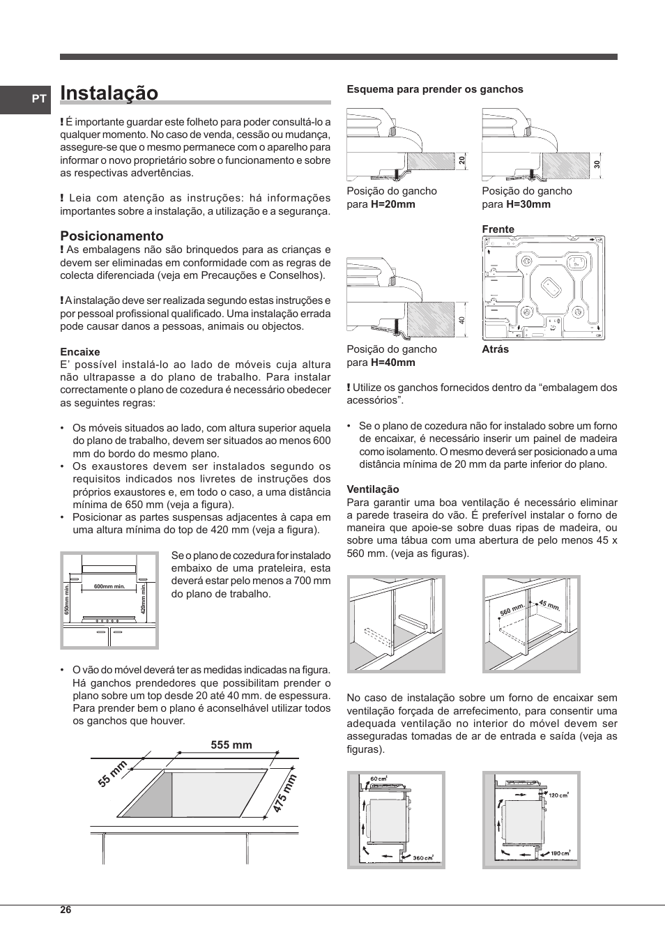 Instalação, Posicionamento | Indesit PIM 604 User Manual | Page 26 / 48