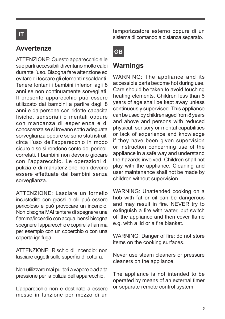 Avvertenze, Warnings | Indesit PIM 604 User Manual | Page 3 / 48