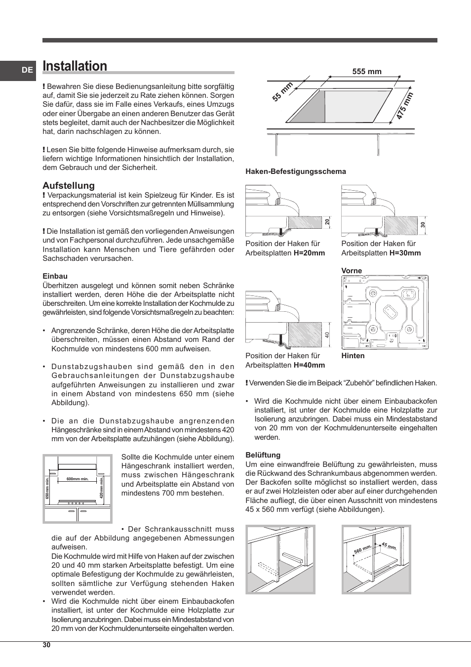 Installation, Aufstellung | Indesit PIM 604 User Manual | Page 30 / 48