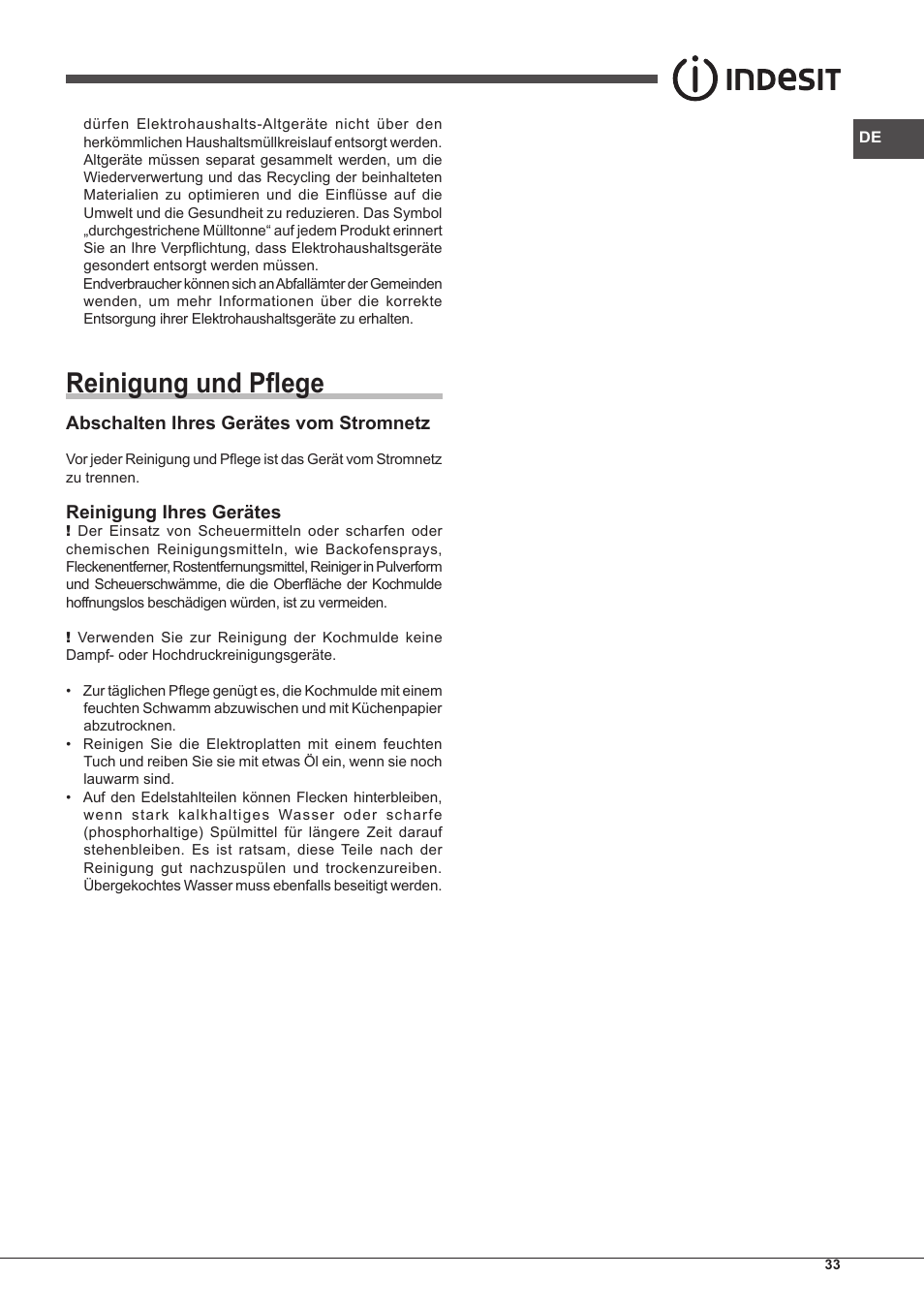 Reinigung und pflege | Indesit PIM 604 User Manual | Page 33 / 48