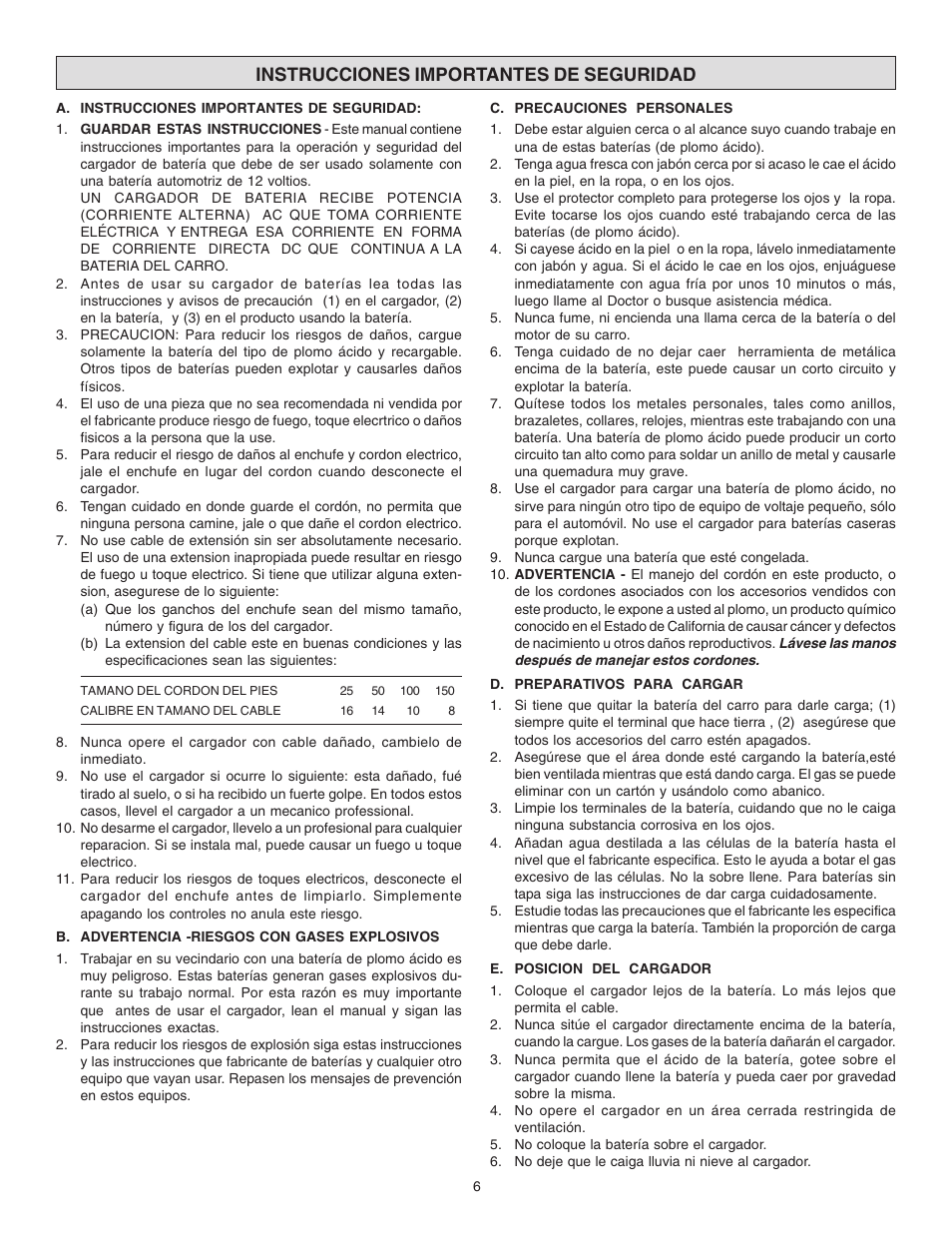 Instrucciones importantes de seguridad | Schumacher 1050-PE User Manual | Page 6 / 8