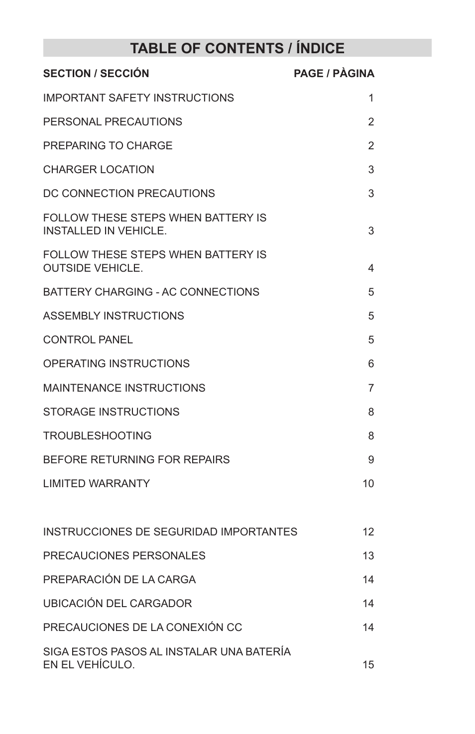 Table of contents / índice | Schumacher NC-800A User Manual | Page 3 / 40