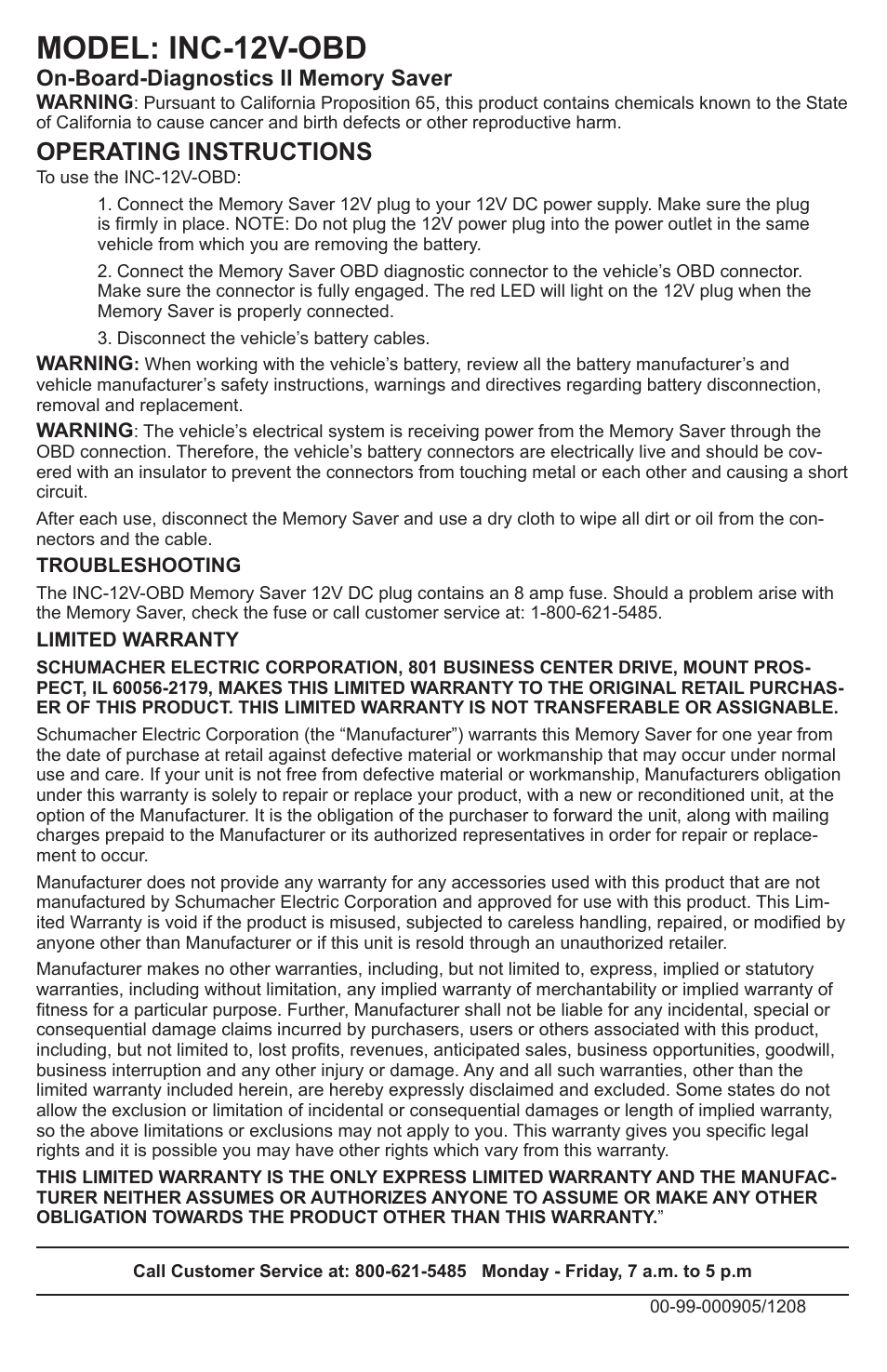 Schumacher INC-12V-OBD User Manual | 1 page