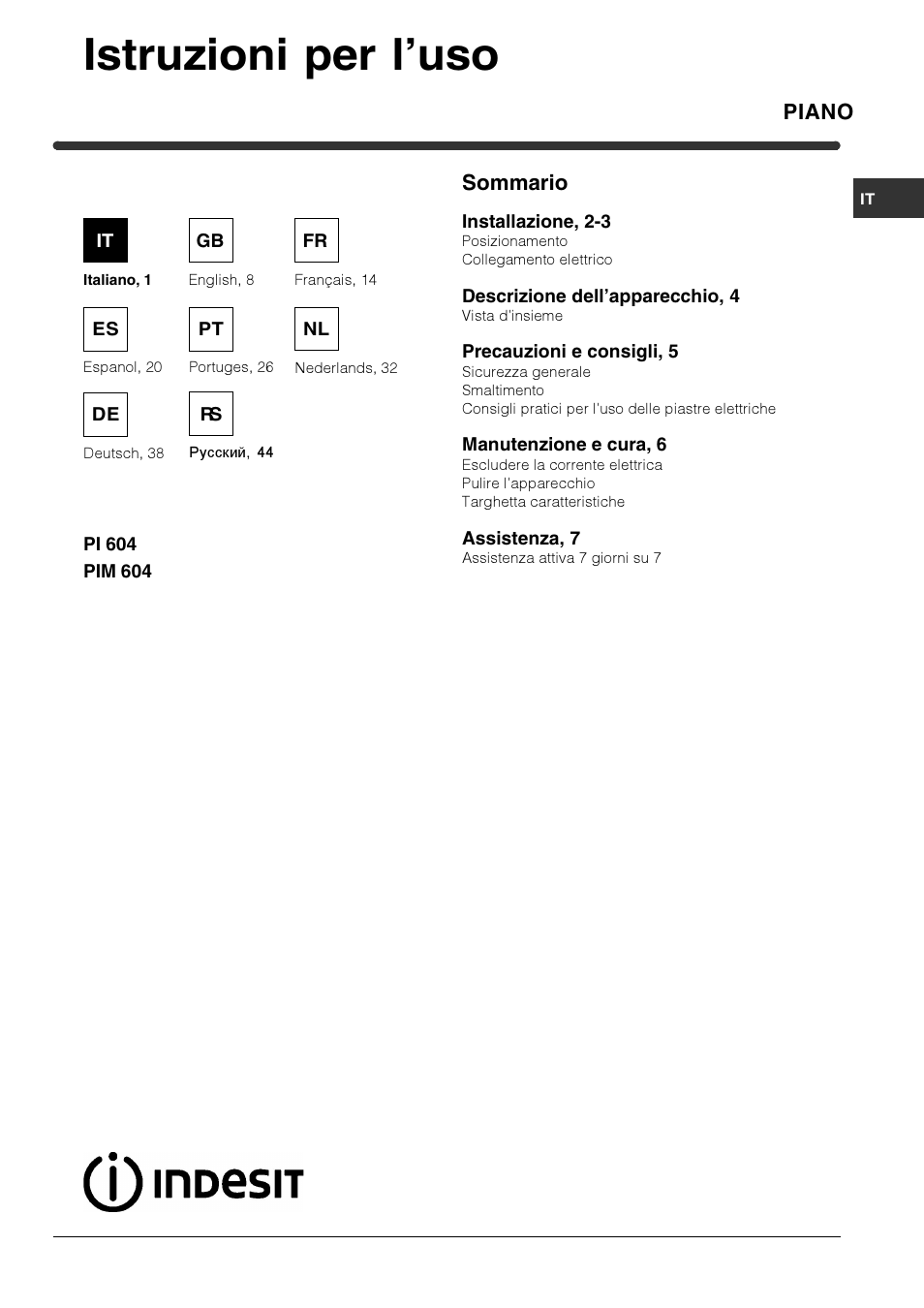 Indesit PI 604 User Manual | 52 pages