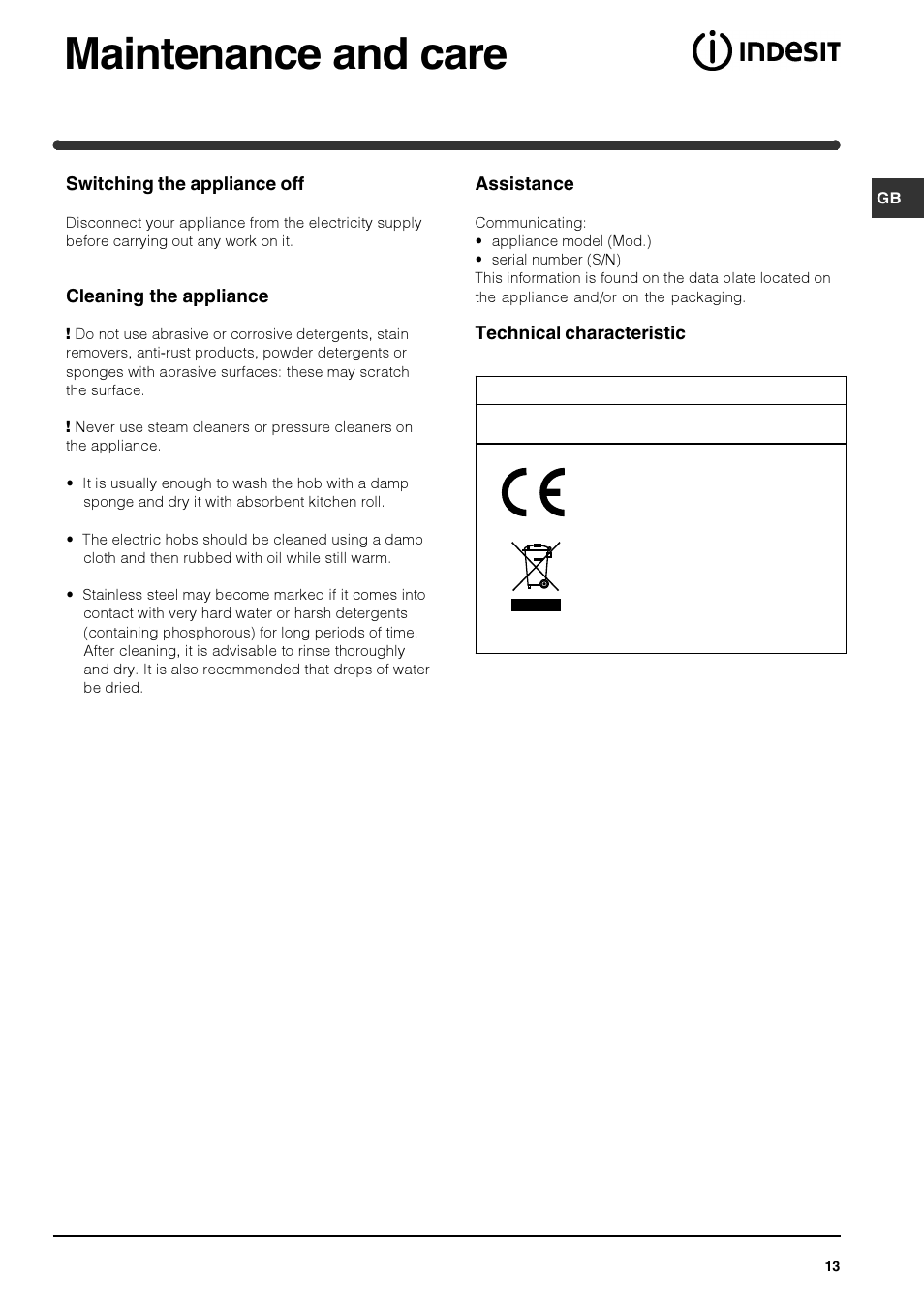 Maintenance and care | Indesit PI 604 User Manual | Page 13 / 52