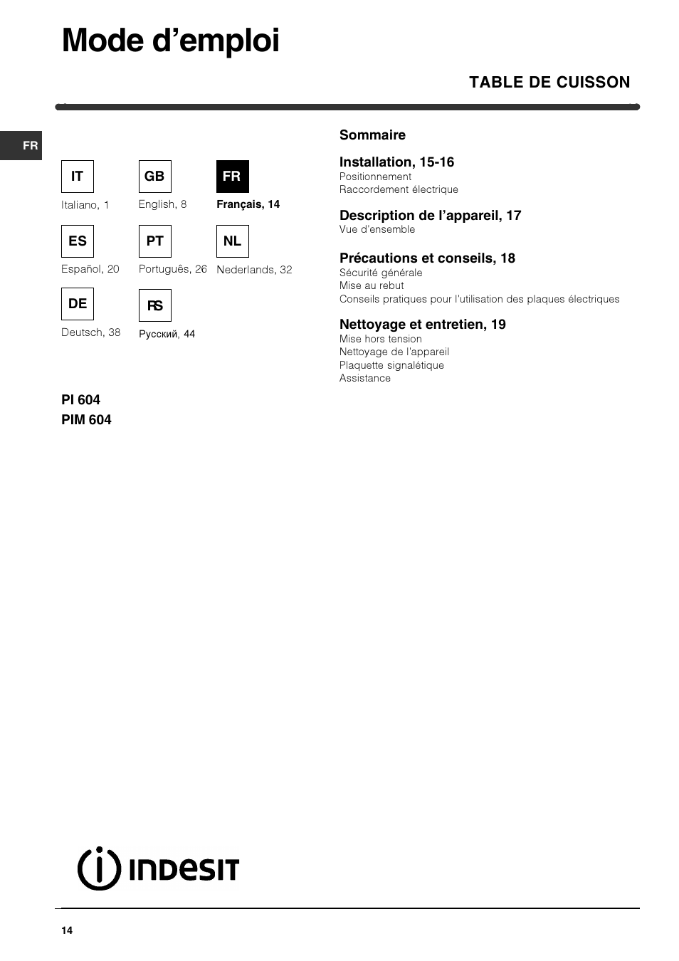 Mode d’emploi, Table de cuisson | Indesit PI 604 User Manual | Page 14 / 52