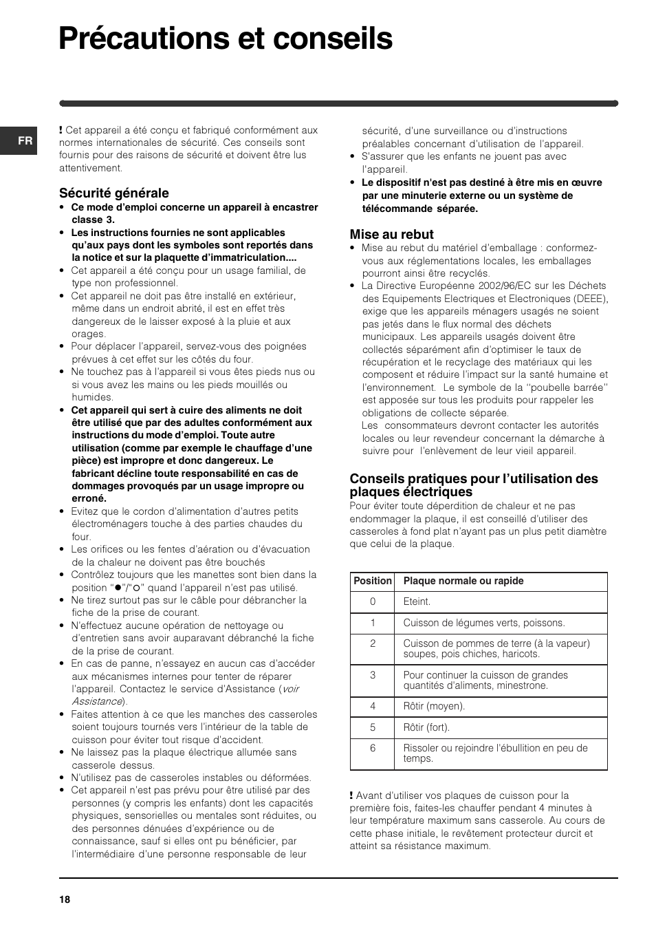 Précautions et conseils, Sécurité générale, Mise au rebut | Indesit PI 604 User Manual | Page 18 / 52