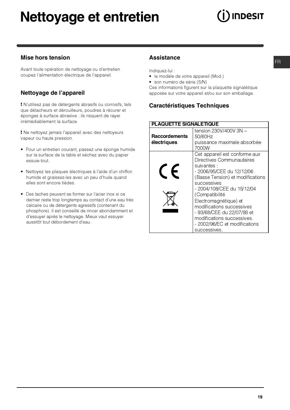 Nettoyage et entretien | Indesit PI 604 User Manual | Page 19 / 52