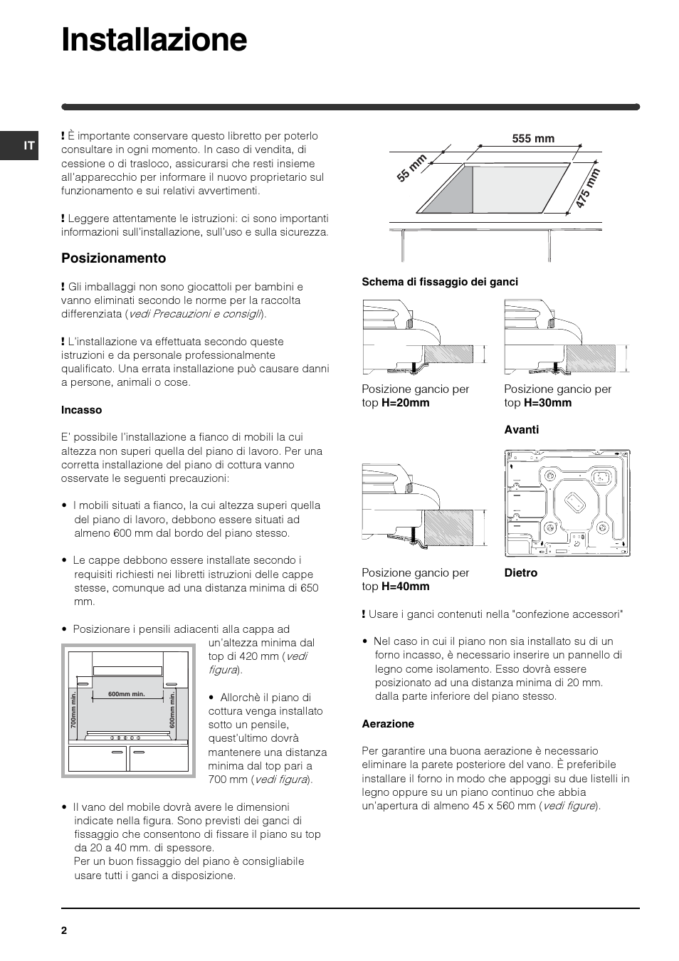 Installazione, Posizionamento | Indesit PI 604 User Manual | Page 2 / 52