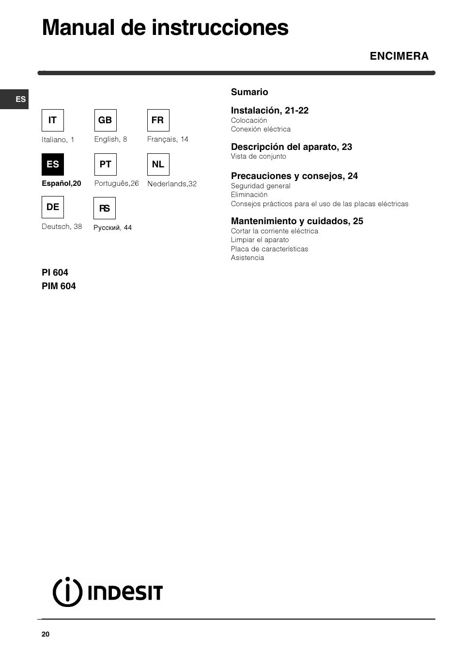 Manual de instrucciones, Encimera | Indesit PI 604 User Manual | Page 20 / 52