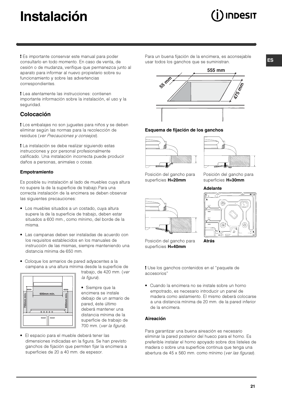 Instalación, Colocación | Indesit PI 604 User Manual | Page 21 / 52