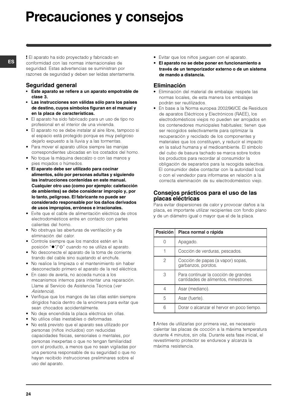 Precauciones y consejos, Seguridad general, Eliminación | Indesit PI 604 User Manual | Page 24 / 52