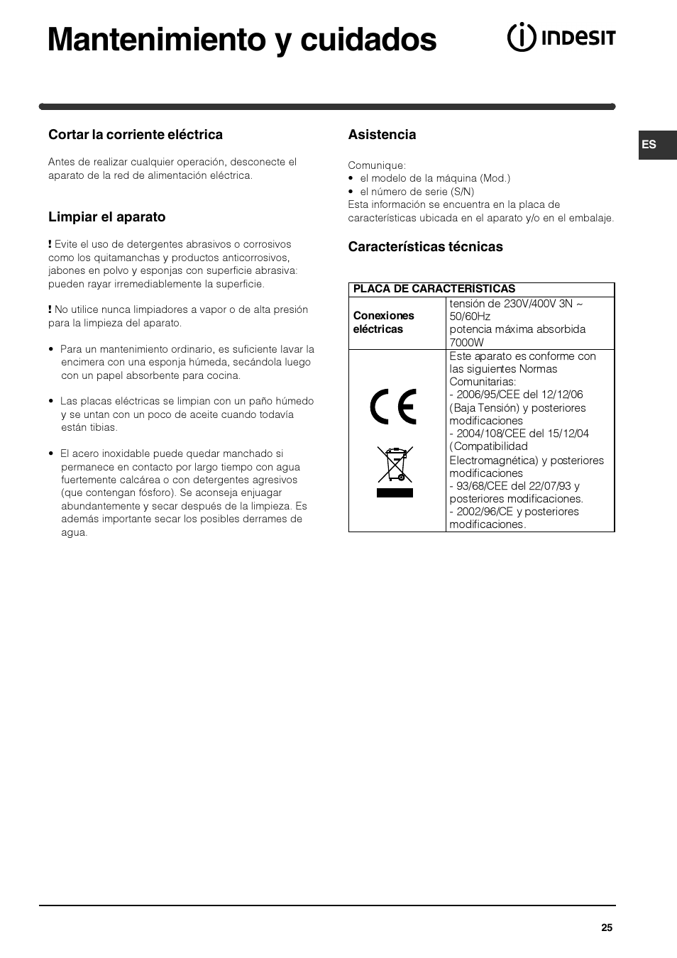 Mantenimiento y cuidados | Indesit PI 604 User Manual | Page 25 / 52