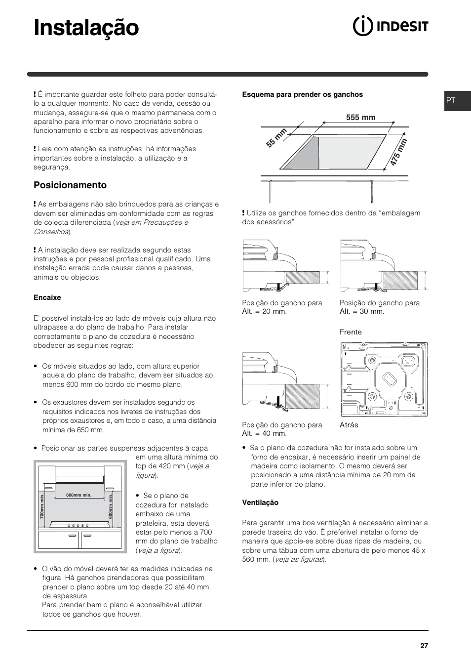 Instalação, Posicionamento | Indesit PI 604 User Manual | Page 27 / 52