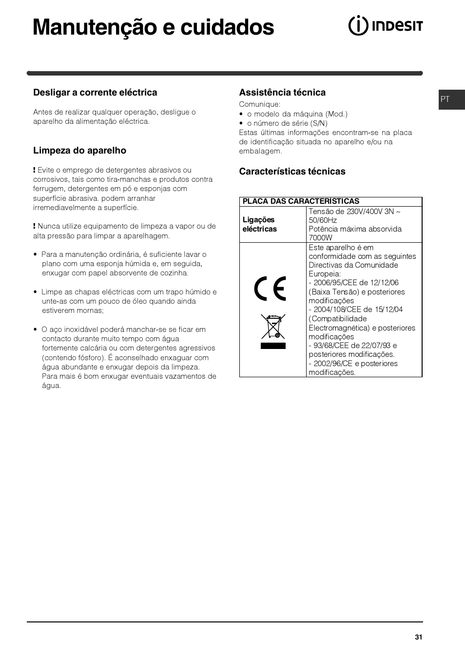 Manutenção e cuidados | Indesit PI 604 User Manual | Page 31 / 52