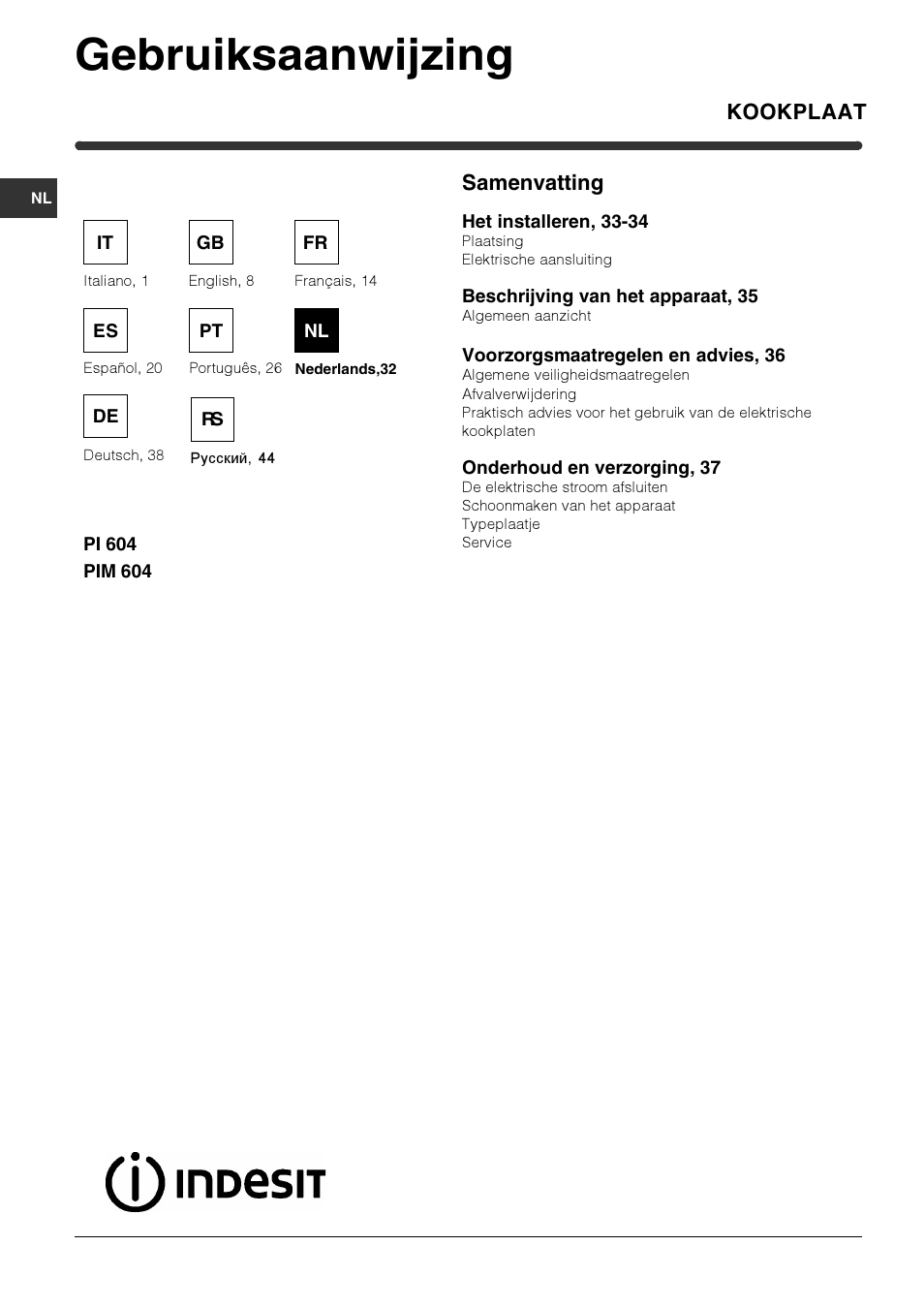 Gebruiksaanwijzing, Kookplaat, Samenvatting | Indesit PI 604 User Manual | Page 32 / 52