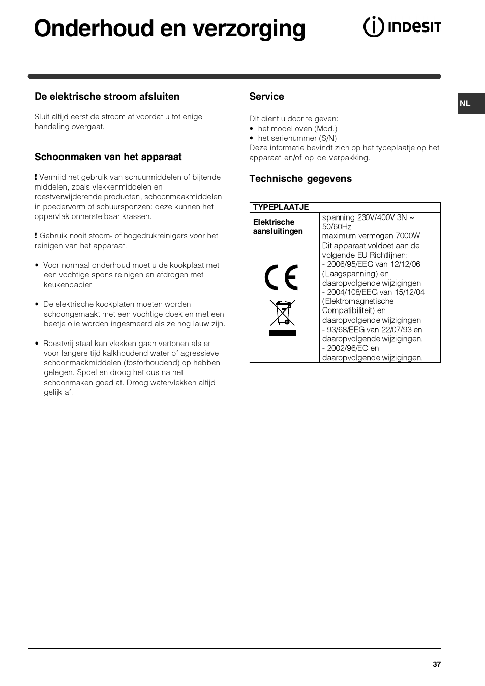 Onderhoud en verzorging | Indesit PI 604 User Manual | Page 37 / 52