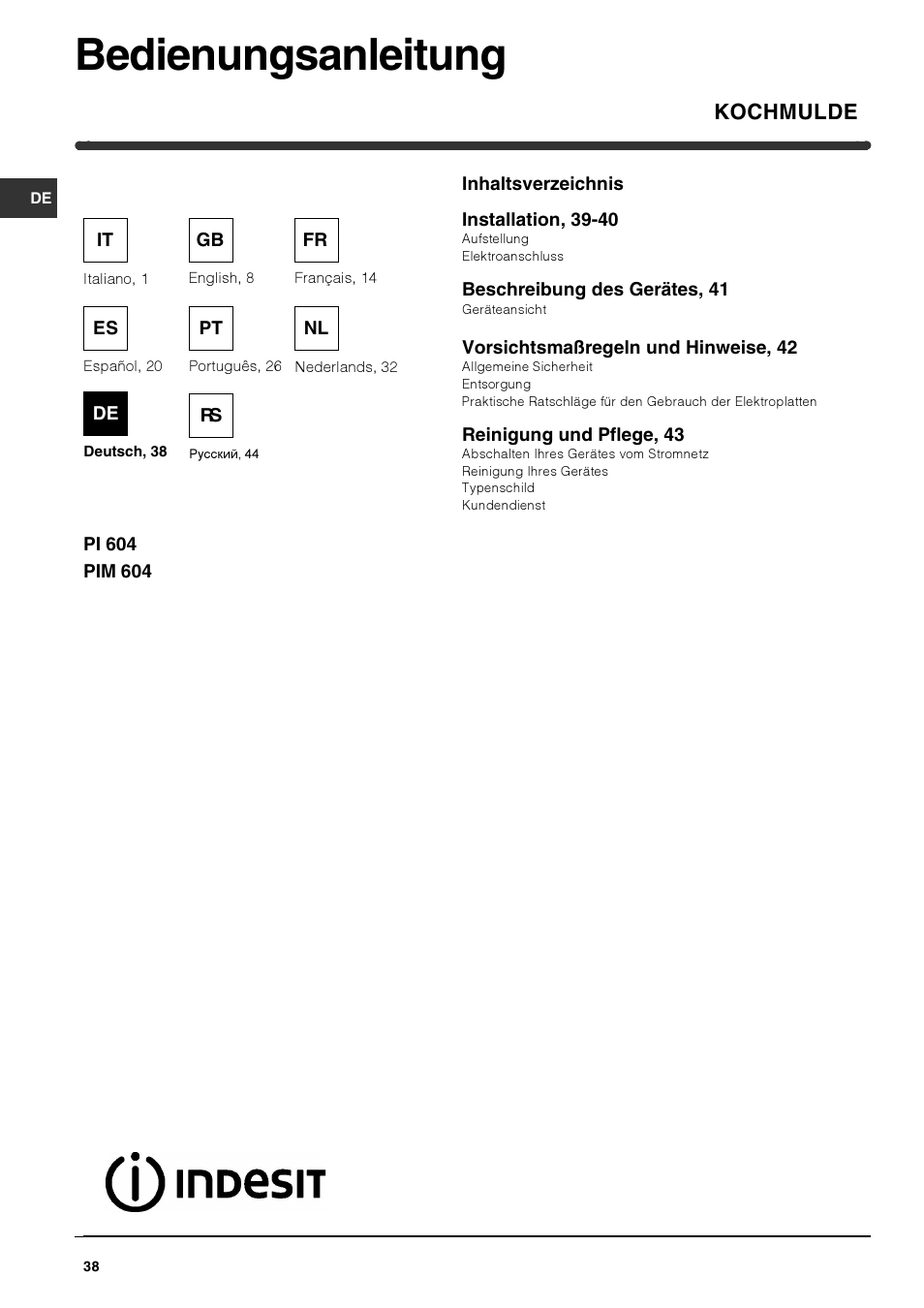 Bedienungsanleitung, Kochmulde | Indesit PI 604 User Manual | Page 38 / 52