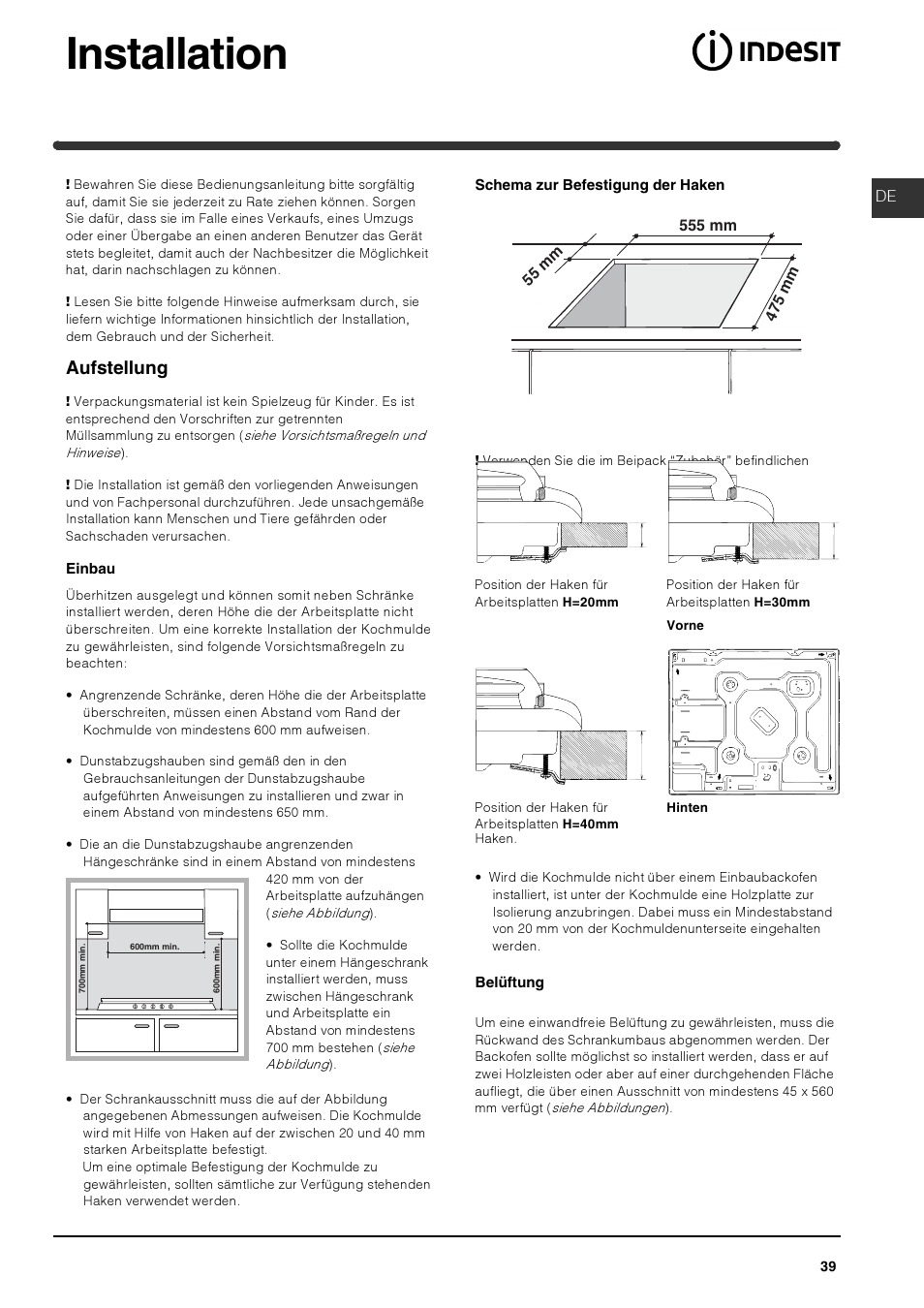 Installation, Aufstellung | Indesit PI 604 User Manual | Page 39 / 52