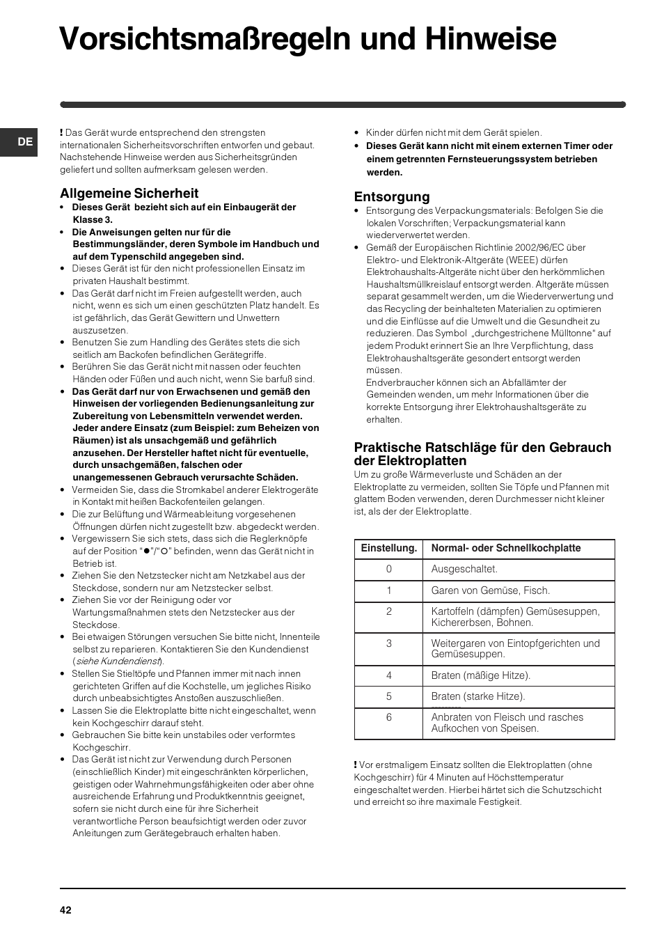 Vorsichtsmaßregeln und hinweise, Allgemeine sicherheit, Entsorgung | Indesit PI 604 User Manual | Page 42 / 52