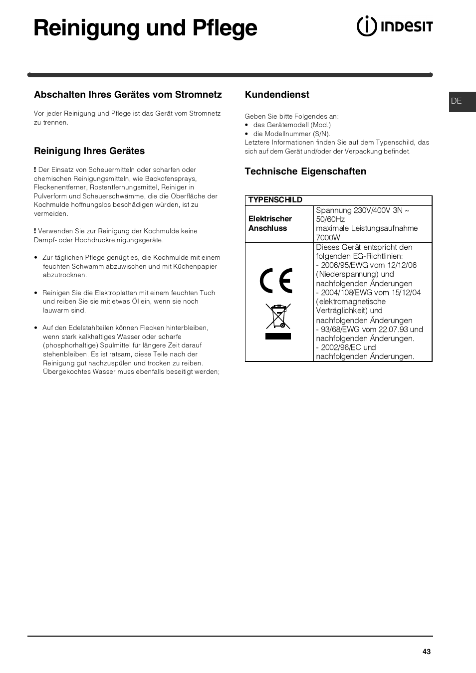 Reinigung und pflege | Indesit PI 604 User Manual | Page 43 / 52