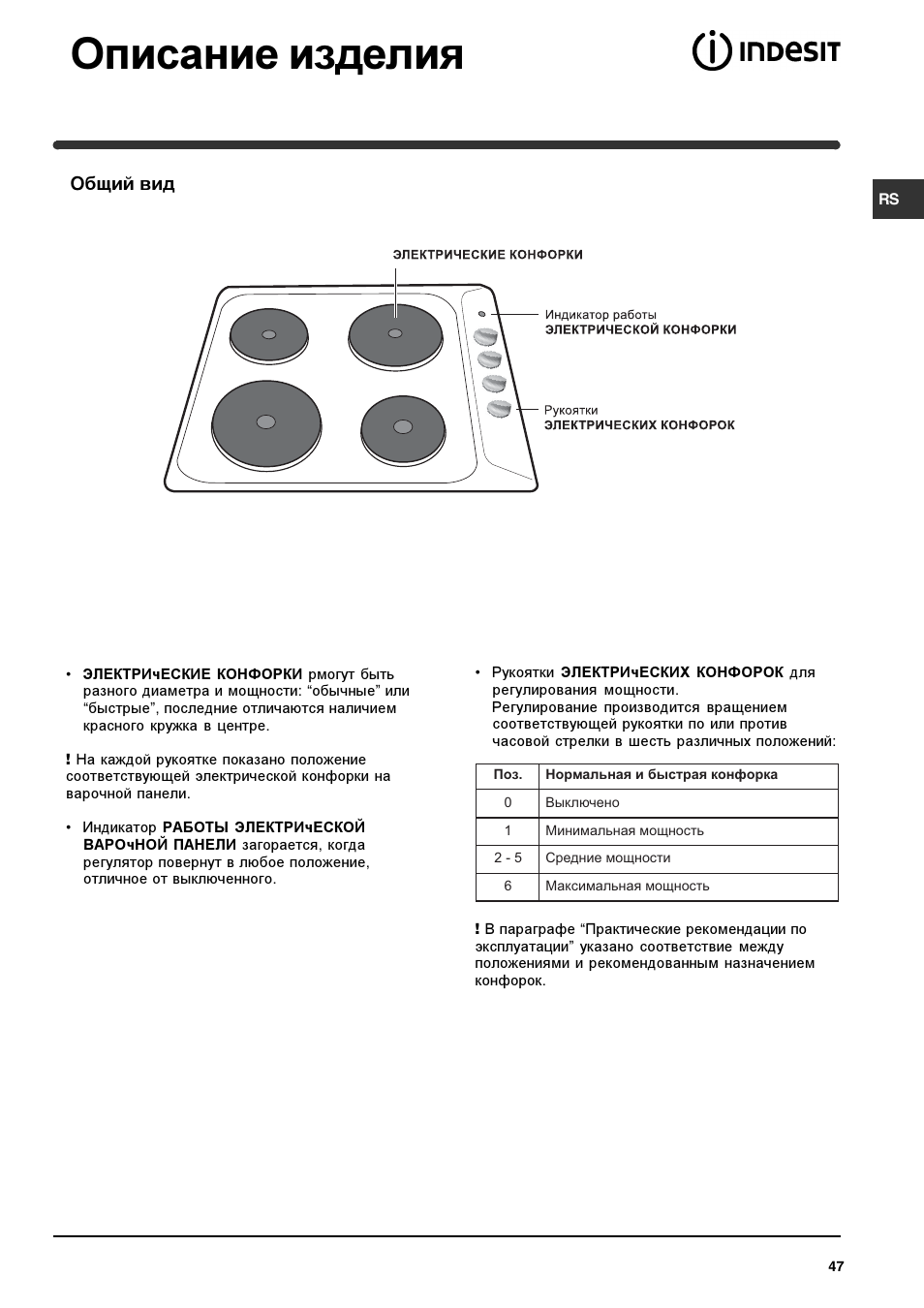 Описание изделия | Indesit PI 604 User Manual | Page 47 / 52