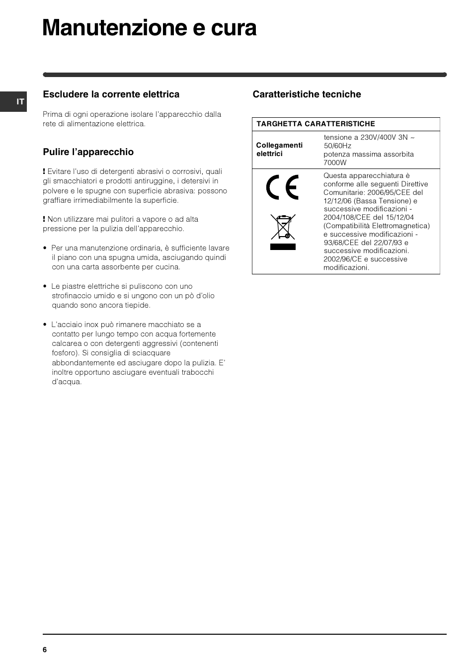 Manutenzione e cura | Indesit PI 604 User Manual | Page 6 / 52