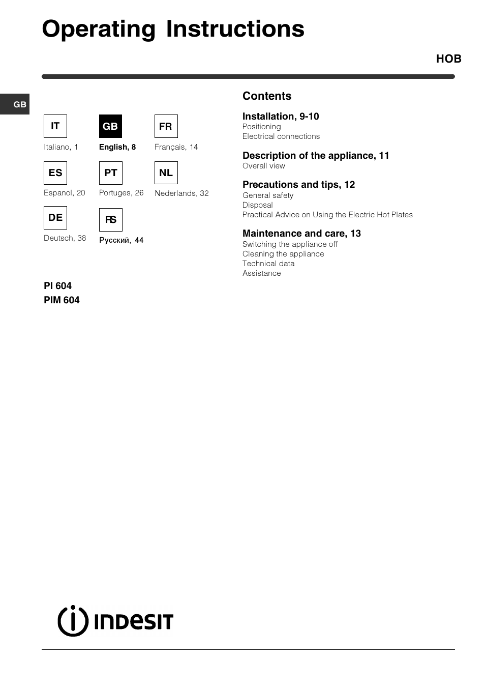 Indesit PI 604 User Manual | Page 8 / 52