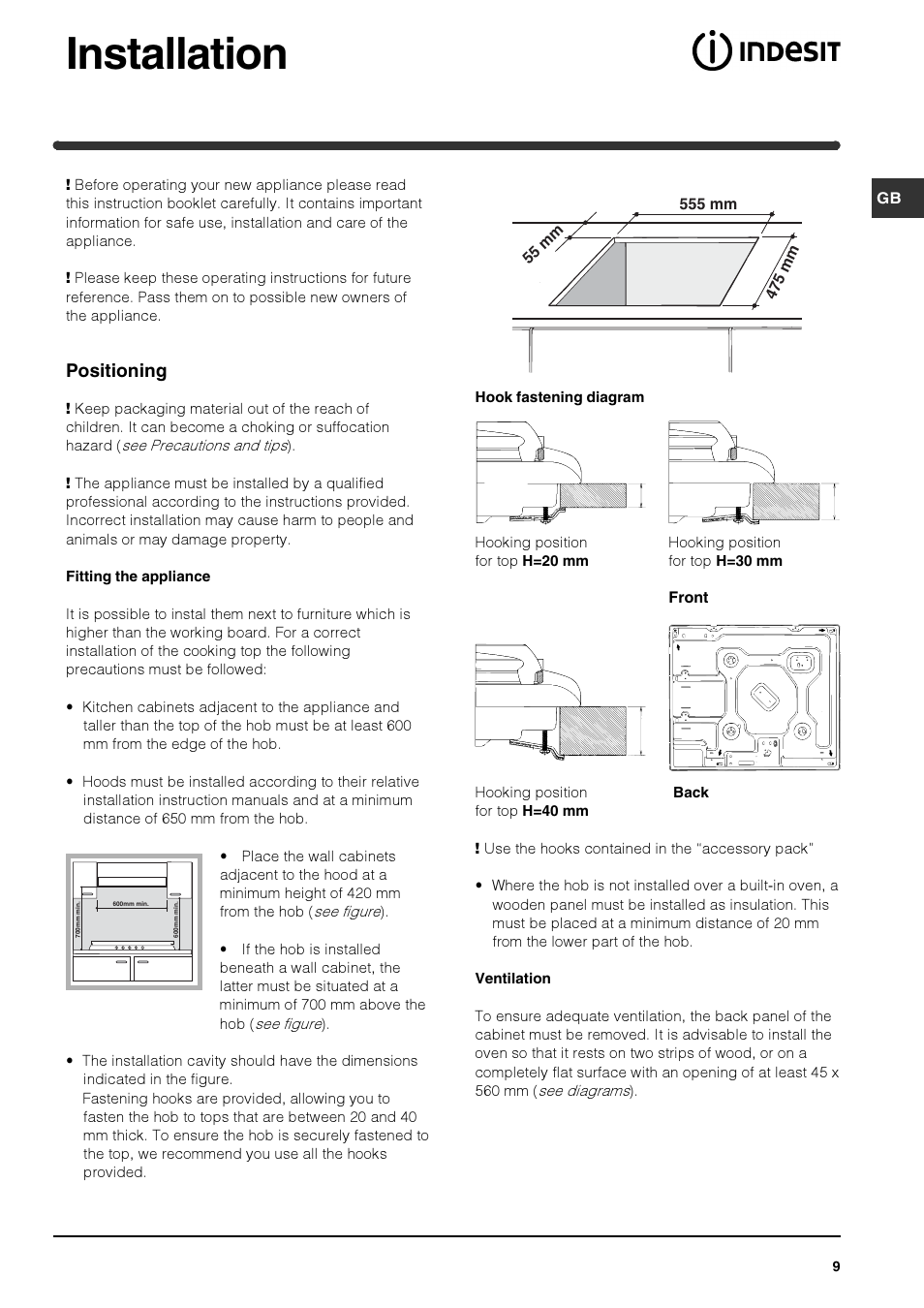 Installation, Positioning | Indesit PI 604 User Manual | Page 9 / 52